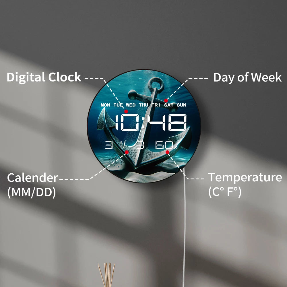 Nautical Ship Anchor LED Digital Wall Clock Undersea Home Decor 12/24hr Electronic Wall Clock with Calendar Date Temperature