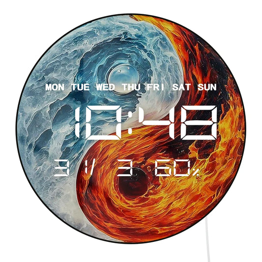 Fire and Ice Ying Yang Electric Wall Clock 12/24hour Timer Date Temperature Balance Spiritual Home Decor LED Digital Wall Clock