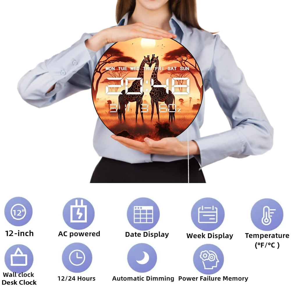 Giraffe Couple LED Digital Wall Clock Romantic Jungle Animal Lover Home Decor Electric Wall Clock with Date Calendar Temperature