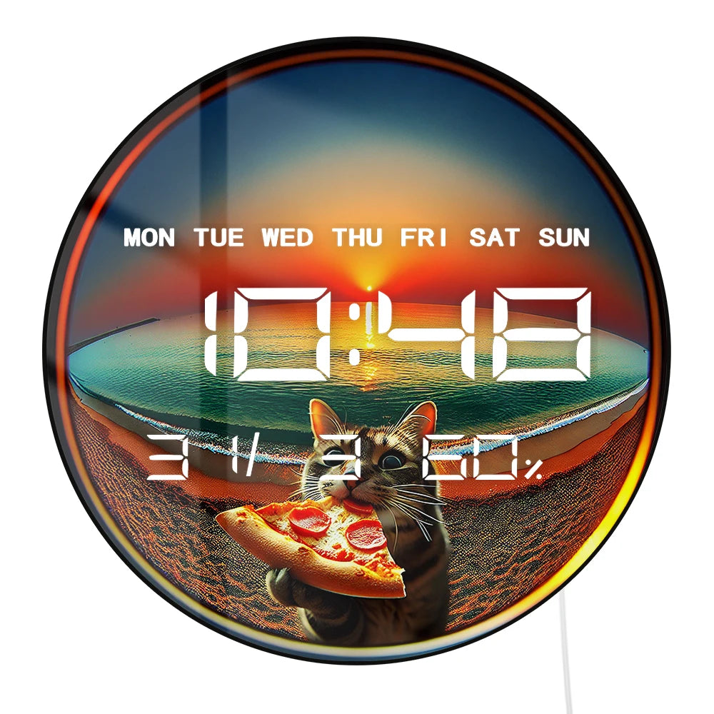 Cat Eating Pizza Electronic Wall Clock with Temperature Humidity Calendar Date Large Display LED Auto Dimming Digital Wall Clock