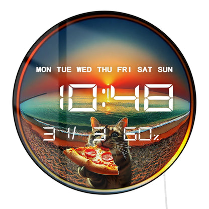 Cat Eating Pizza Electronic Wall Clock with Temperature Humidity Calendar Date Large Display LED Auto Dimming Digital Wall Clock