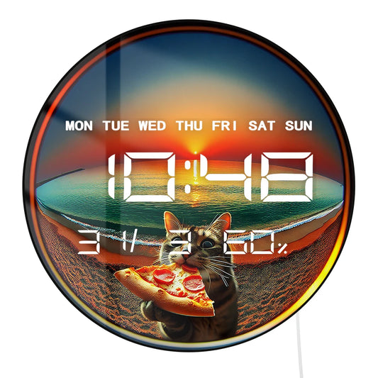 Cat Eating Pizza Electronic Wall Clock with Temperature Humidity Calendar Date Large Display LED Auto Dimming Digital Wall Clock