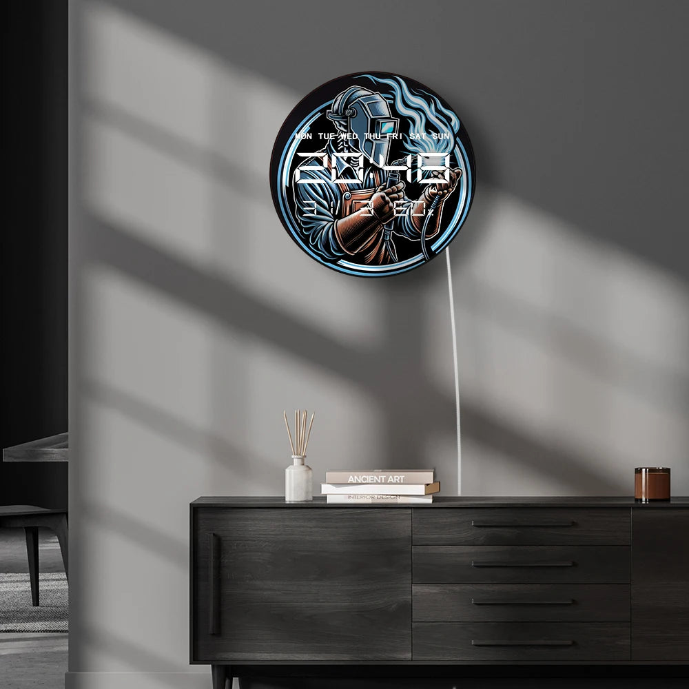 Welding LED Digital Wall Clock with Temperature Humidity Date Calendar Big Display Ironworker Electronic Wall Clock Welder Gift