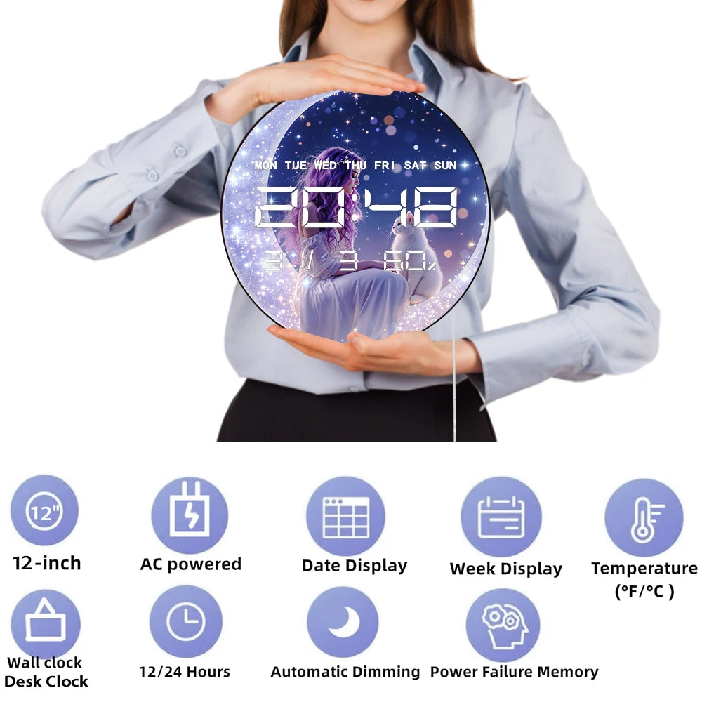 Magic Fairy with Cat Auto Dimming LED Digital Wall Clock Milky Way Stars Home Decor Crescent Moon 12/24 Hour Electric Wall Clock