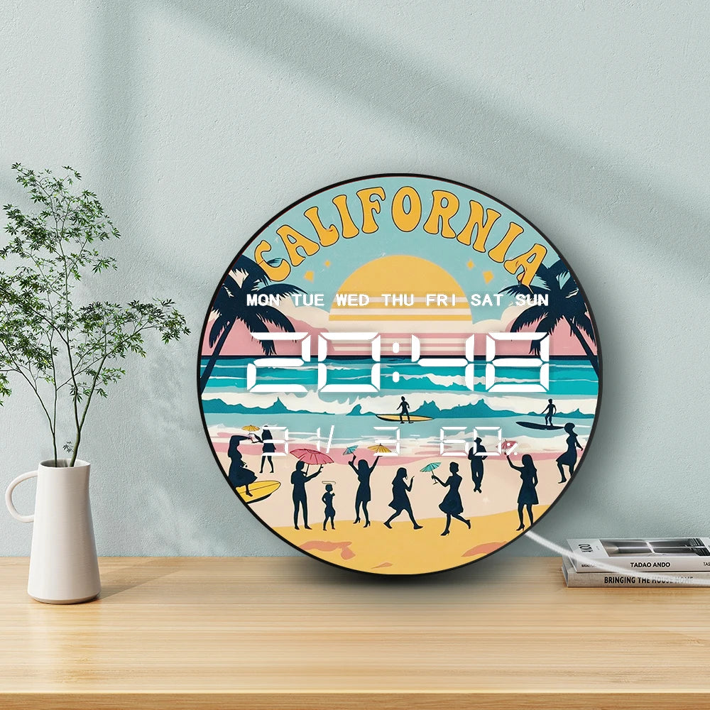 Retro California Seaside Beach Digital Wall Clock with LED Display Calendar Temperature Automatic Dimming 12/24hr Electric Clock