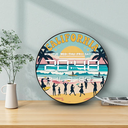 Retro California Seaside Beach Digital Wall Clock with LED Display Calendar Temperature Automatic Dimming 12/24hr Electric Clock