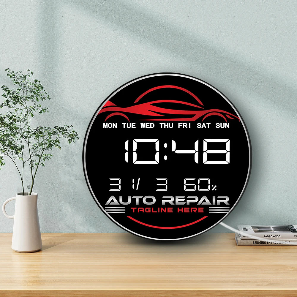 Auto Repair Car Service Garage LED Digital Wall Clock with Calendar Temperature Auto Dimming 12/24hr Format Electronic Clock