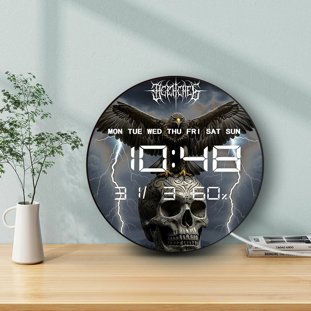 Eagle on Skull Head Wall Desk Use Digital Timer Clock with Temperature Humidity Cal Date Large Display LED Digital Wall Clock
