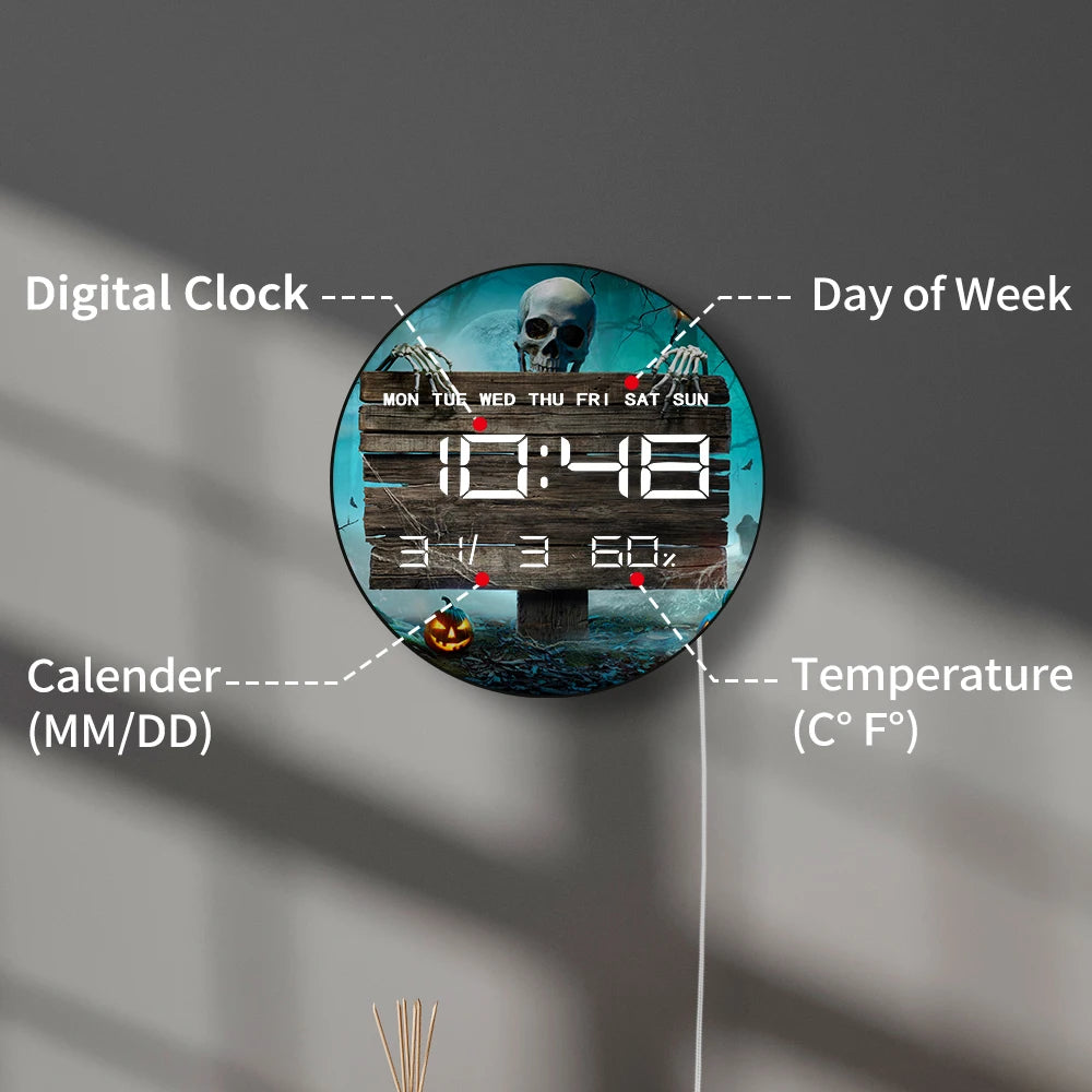 Pumpkins And Skeleton In Graveyard Halloween LED Digital Wall Clock Horror Skull Electronic Clock Timer Date Temperature Display