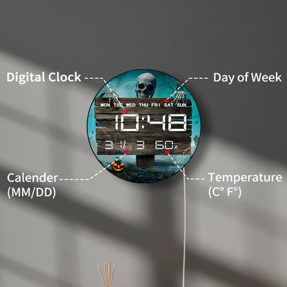 Pumpkins And Skeleton In Graveyard Halloween LED Digital Wall Clock Horror Skull Electronic Clock Timer Date Temperature Display