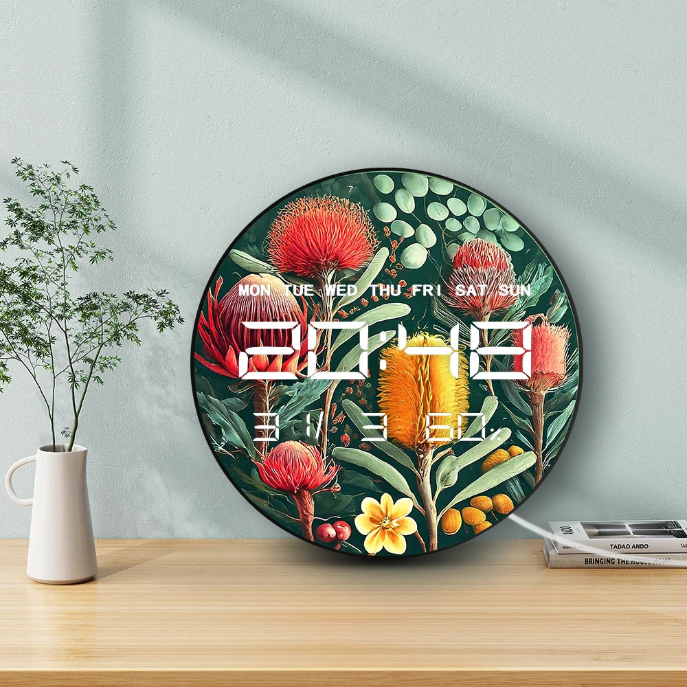 Australian Wildflower Floral Art Dual Purpose Digital Wall Desk Clock Botanical Home Decor 12/24hr Timer Electronic Wall Clock