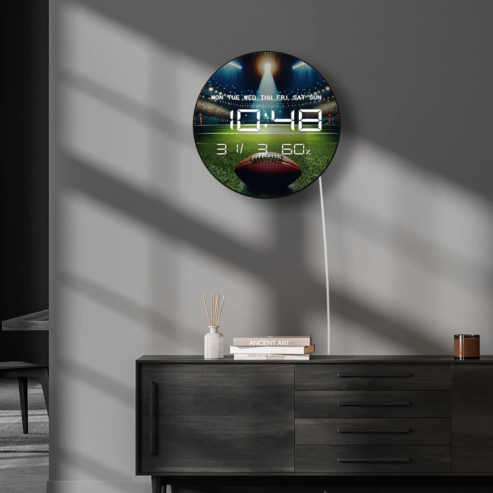 American Football Ball Digital Wall Clock with LED Display Calendar Temperature Auto Dimming 12/24hr Format Electric Wall Clock
