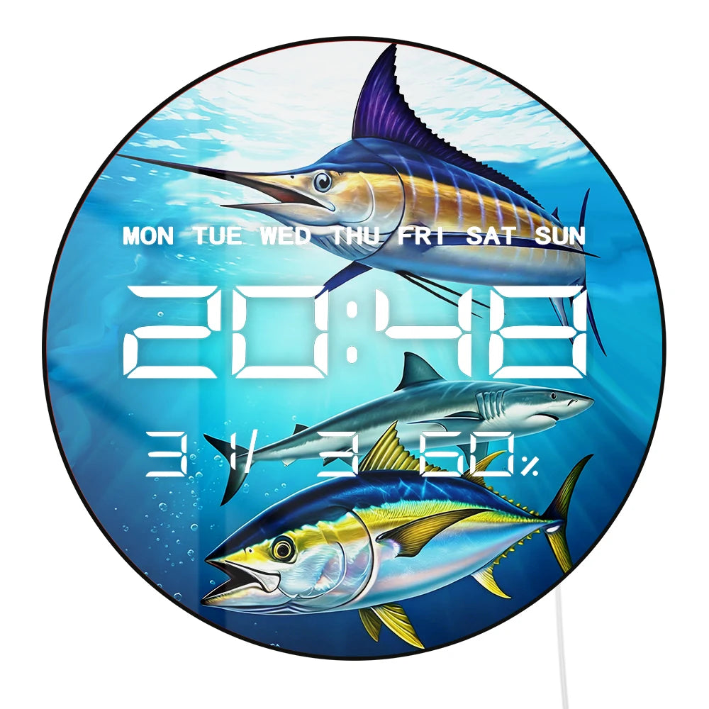 Shark Tuna Kingfish LED Digital Wall Clock with Calendar Date Temperature Atlantic Blue Marlin Art 12/24hr Electronic Wall Clock