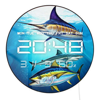Shark Tuna Kingfish LED Digital Wall Clock with Calendar Date Temperature Atlantic Blue Marlin Art 12/24hr Electronic Wall Clock
