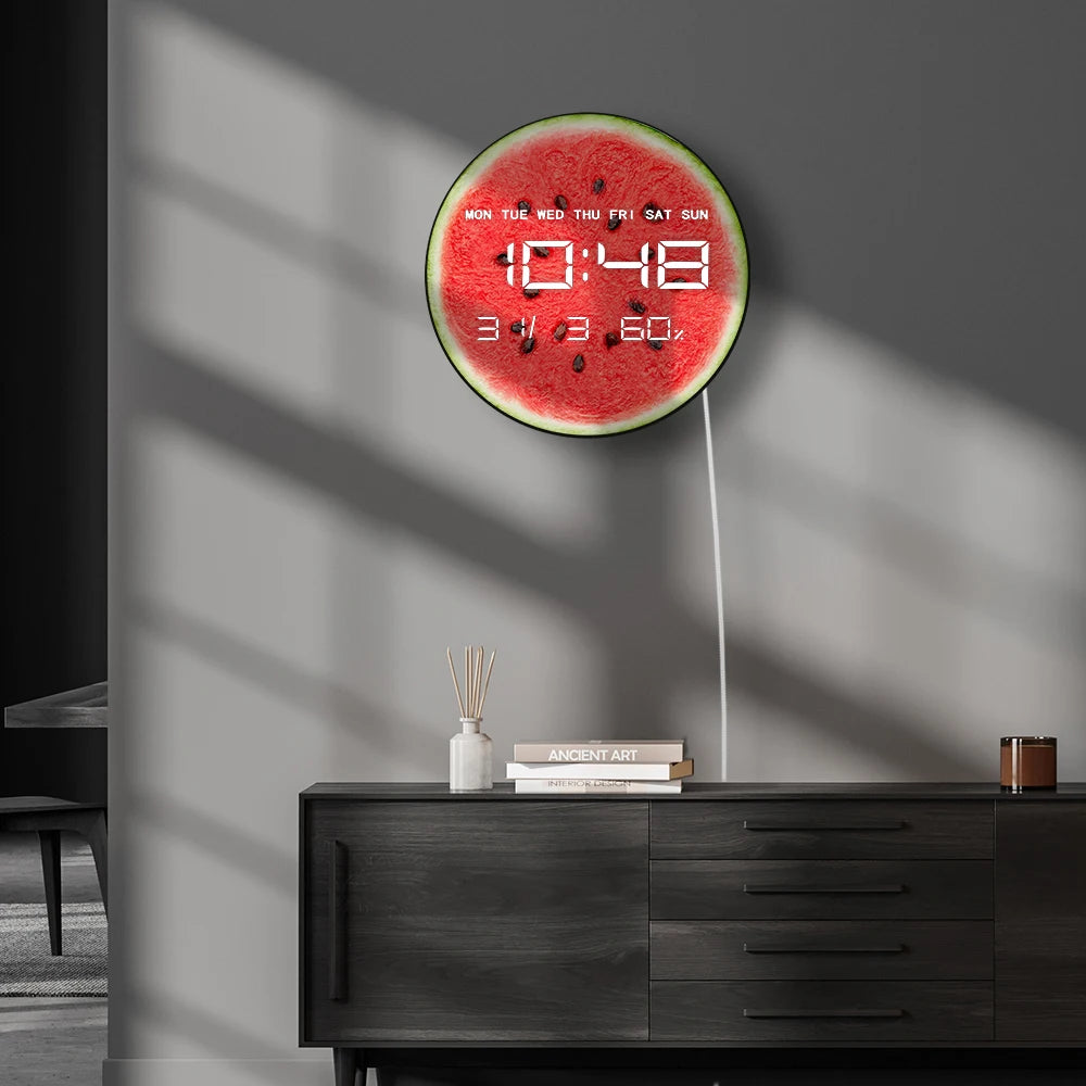Sliced Watermelon Wall Clocks with Temperature Humidity Date Large Display Calendar Summer Fruit Home Decor Digital Wall Clock