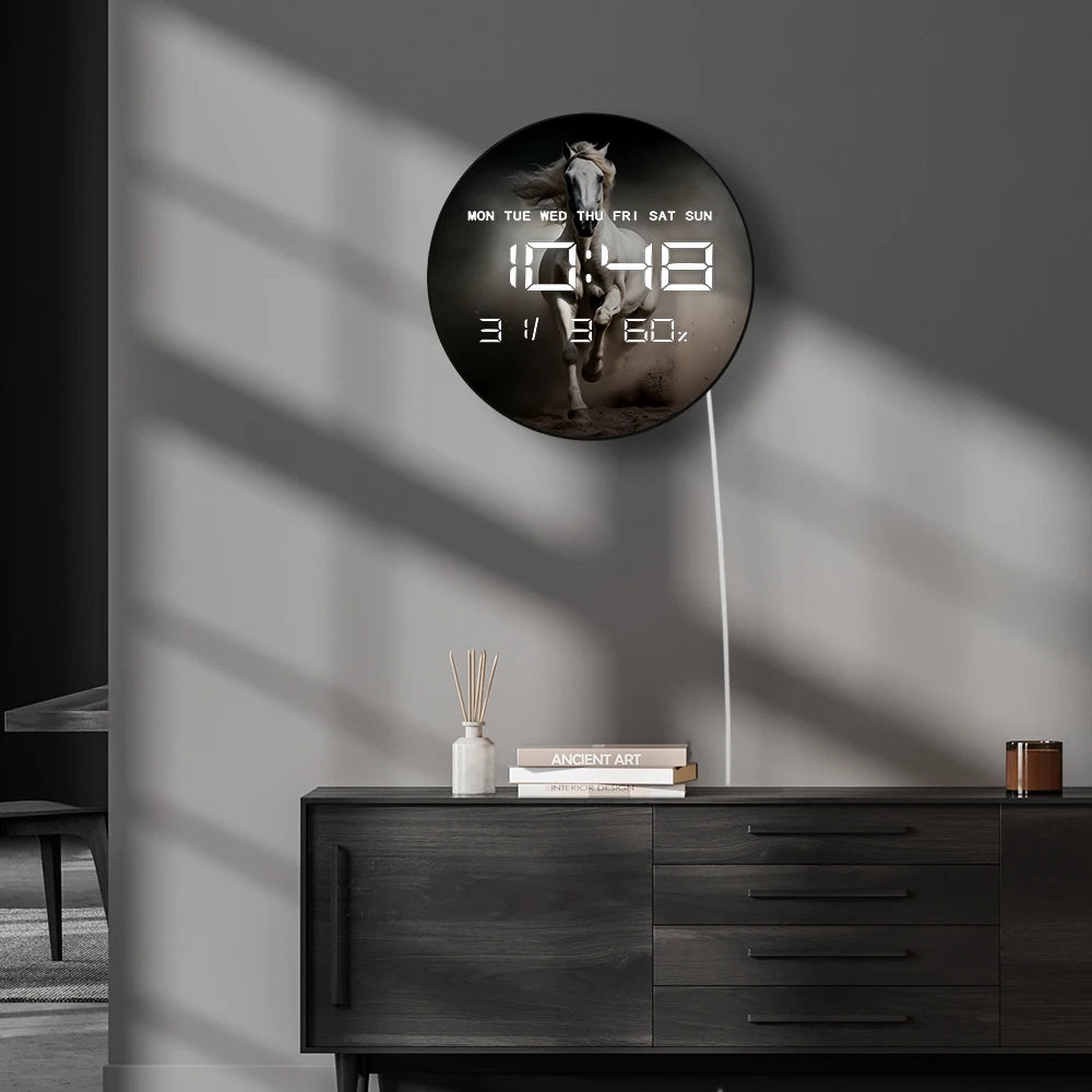 Running Horse Digital Wall Clock with Glowing LED Display Calendar Temperature Freedom Animal Home Decor Electronic Wall Clock