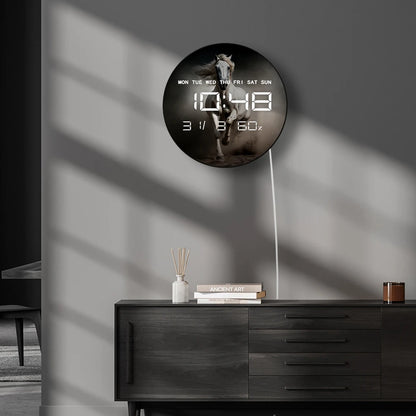 Running Horse Digital Wall Clock with Glowing LED Display Calendar Temperature Freedom Animal Home Decor Electronic Wall Clock