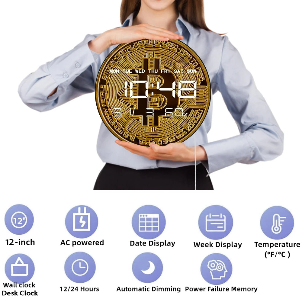 Golden Coin Bitcoin LED Digital Wall Clock For Finances Office Room Cryptocurrency BTC Symbol Art Electric Clock Wall Desk Use
