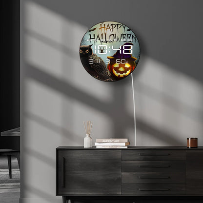 Halloween Owl Home Decor Electronic Wall Clock with Timer Calendar Date Temperature Auto Dimming  LED Digital Display Wall Clock