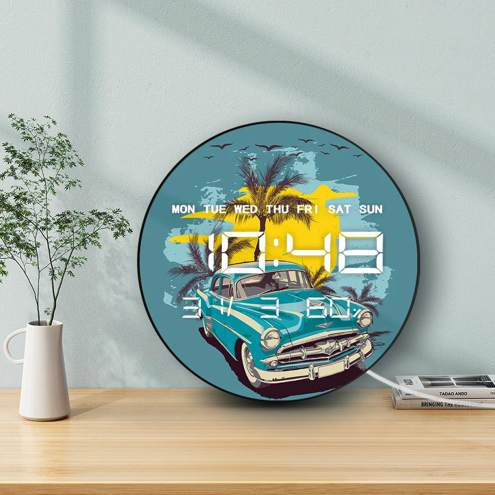 Vintage Blue Car LED Digital Wall Clock with Calendar Temperature Auto Dimming 12/24hr Format Retro Automotive Electronic Clock