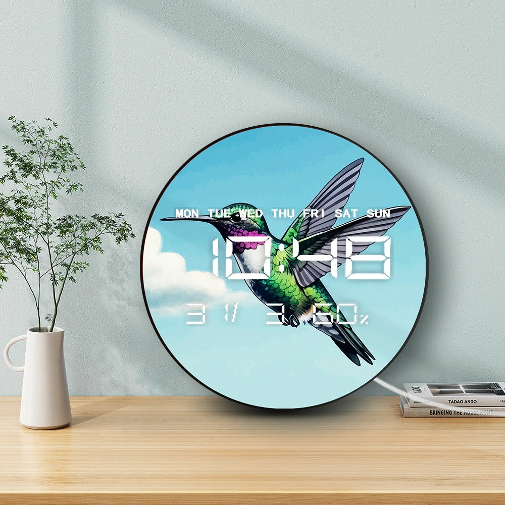 Spring Floral Bird Hummingbird LED Digital Wall Clock with Temperature Humidity Calendar Date Big Display Electronic Wall Clock
