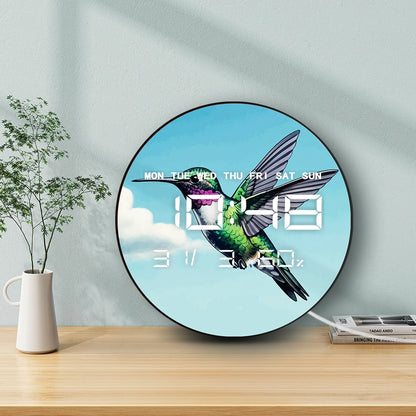 Spring Floral Bird Hummingbird LED Digital Wall Clock with Temperature Humidity Calendar Date Big Display Electronic Wall Clock