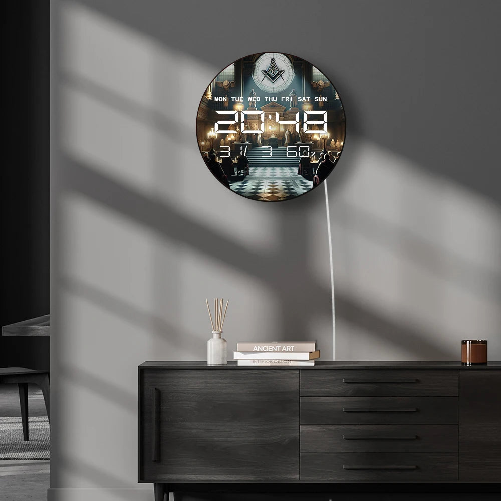 Freemasons Square and Compass LED Digital Wall Clock Mason Symbol Masonic Decor Electronic Wall Clock with Calendar Temperature