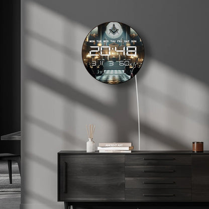 Freemasons Square and Compass LED Digital Wall Clock Mason Symbol Masonic Decor Electronic Wall Clock with Calendar Temperature