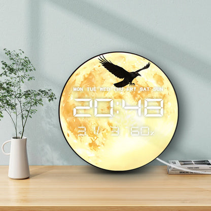 Raven Flying Over Full Moon LED Digital Clock Timer Calendar Date Temperature Crescent Moon Home Decor 12/24hr Electronic Clock