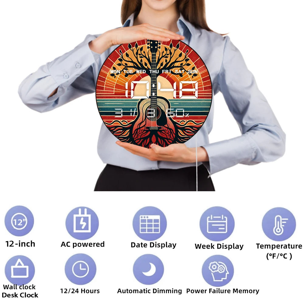 Acoustic Guitar Tree of Life LED Digital Wall Clock Multifunctional 12/24hour Electric Wall Clock with Calendar Date Temperature