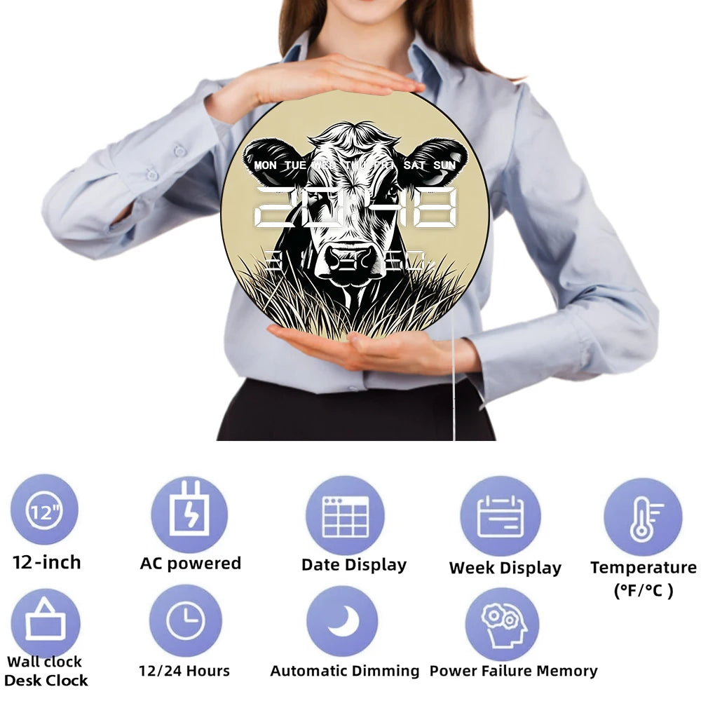 Cow Head Electronic Wall Clock for Farmhouse Animal Home Decor LED Digital Wall Clock with 12/24 Timer Calendar Date Temperature