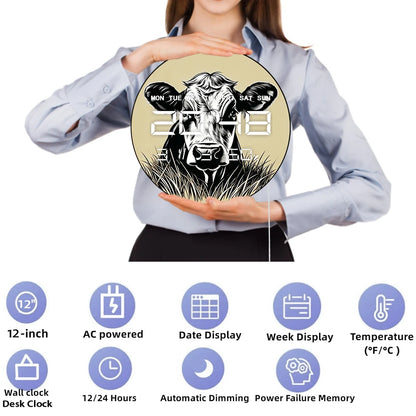 Cow Head Electronic Wall Clock for Farmhouse Animal Home Decor LED Digital Wall Clock with 12/24 Timer Calendar Date Temperature