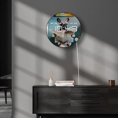 French Bulldog Reading Newspaper On Toilet Auto Dimming LED Digital Wall Clock with Electric Timer Date Temperature 12/24hour