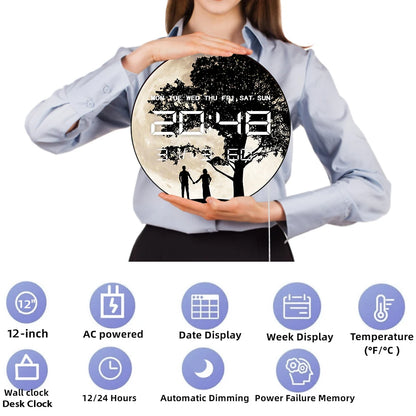 Valentines Silhouette Full Moon LED Digital Clock Timer with Calendar Date Temperature Romantic Home Decor Electronic Wall Clock