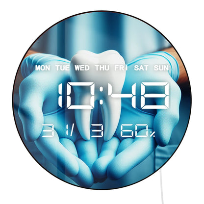 Oral Dental Hygiene LED Digital Wall Clock with Calendar Temperature Auto Dimming 12/24hr Format Dentist Electronic Wall Clock