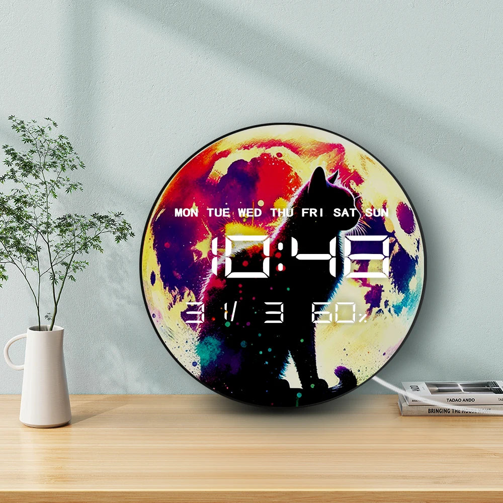 Black Cat Crescent Moon Digital Wall Clock Gothic Night Dark Fantasy Home Decor Multifunctional Timepieces Electronic Wall Clock