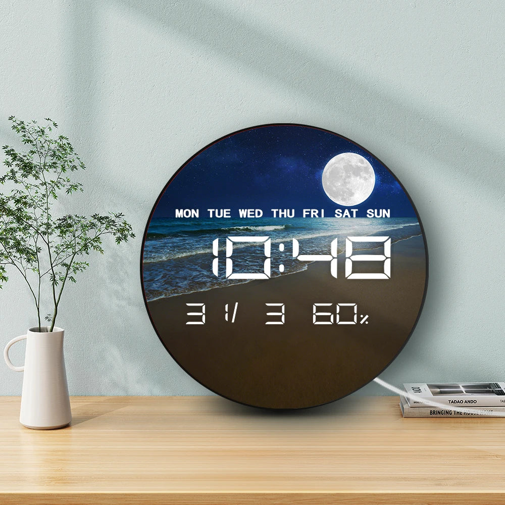 Full Moon over the Sea with Tropical Beach LED Digital Wall Clock with Calendar Temperature Auto Dimming 12/24hr Electric Clock