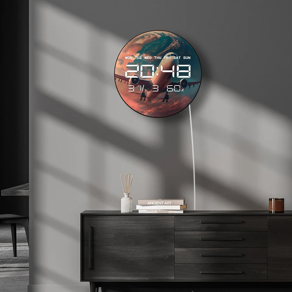 Flying Airplane Electronic Wall Clock Big Number LED Digtial Display with Calendar Date Temperature Humidity Aviation Home Decor