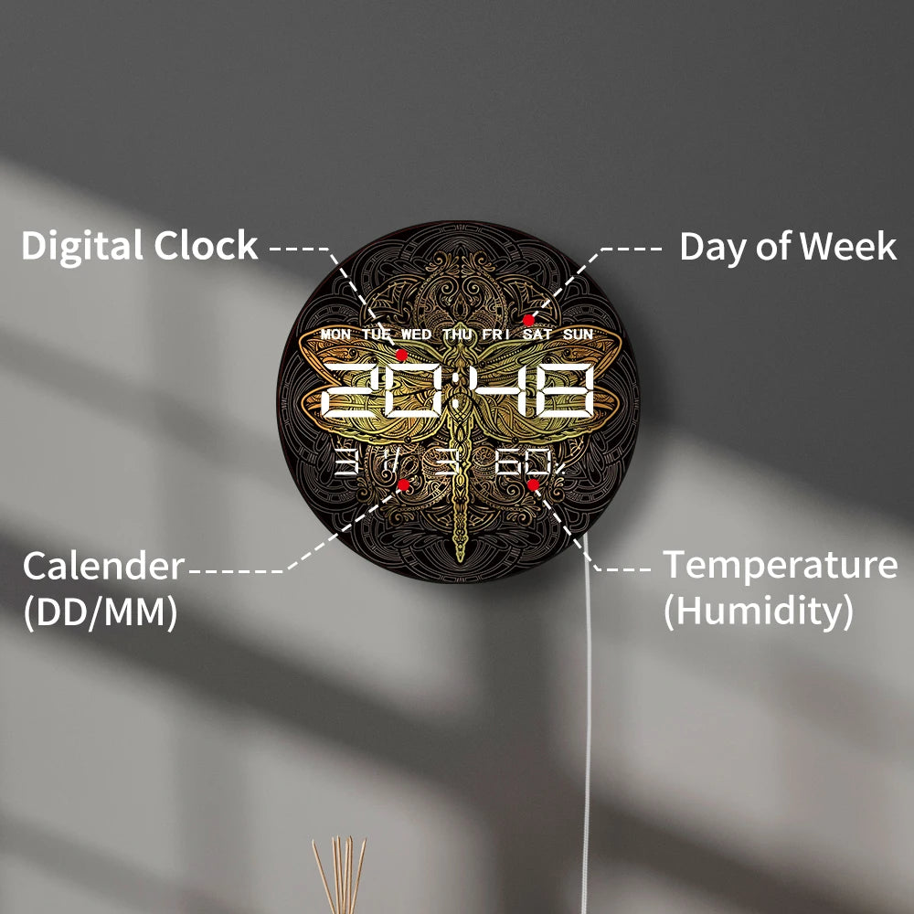 Golden Mandala Dragonfly LED Digital Wall Clock Spiritual Home Decor Electric Wall Clock with 12/24hr Date Calendar Temperature