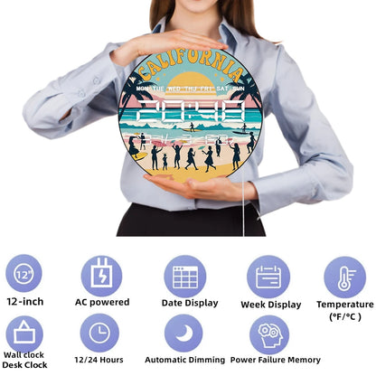 Retro California Seaside Beach Digital Wall Clock with LED Display Calendar Temperature Automatic Dimming 12/24hr Electric Clock