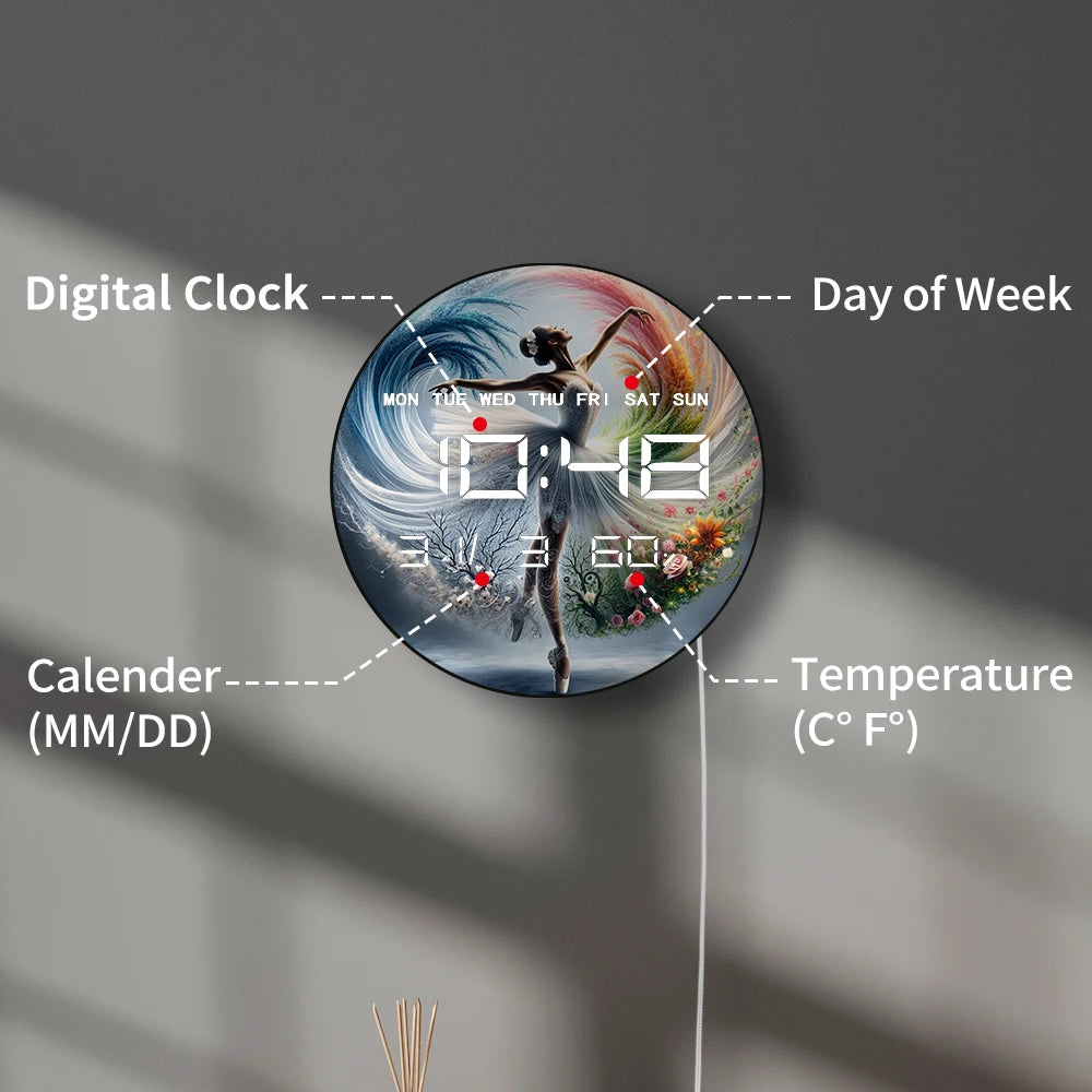 Ballerina Girl Dancer LED Auto Dimming Digital Clock Wall Desk Use Electric Clock with Timer Calendar Date Temperature Humidity