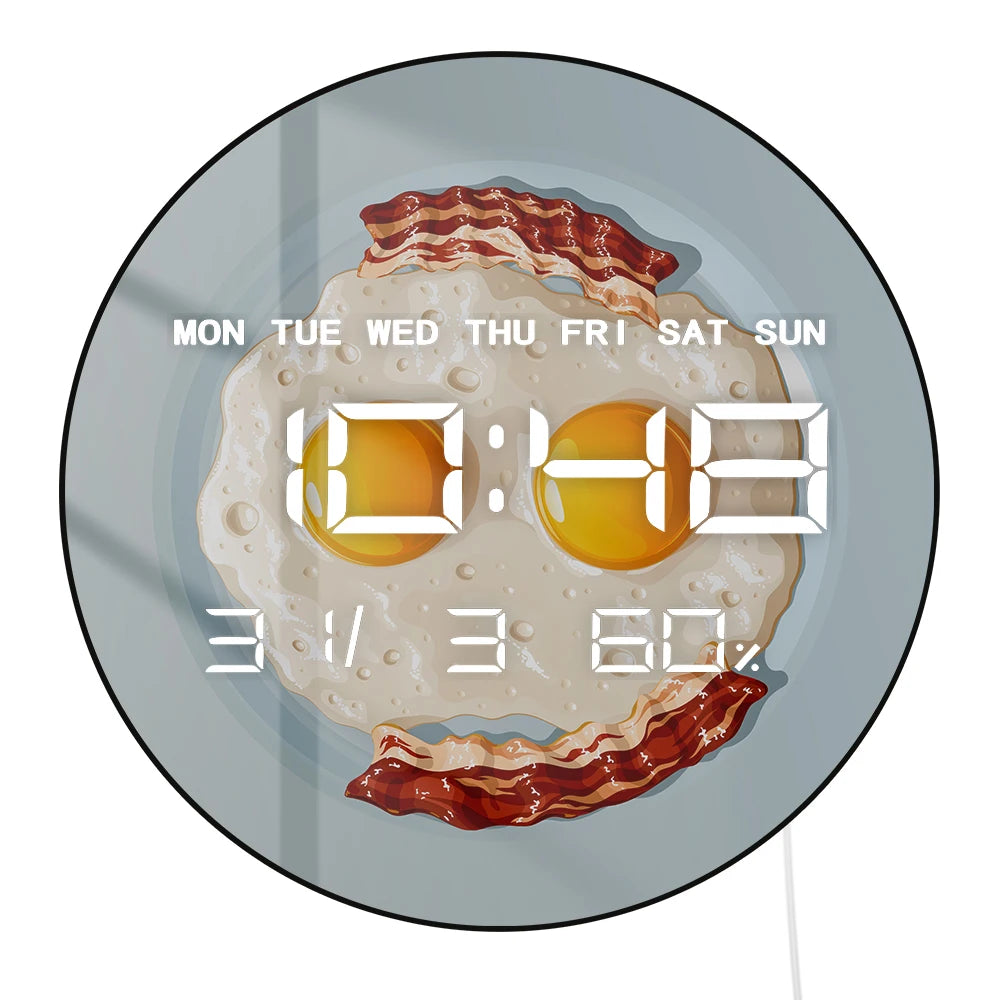 Scrambled Egg Bacon Breakfast LED Digital Wall Clock For Home Kitchen Dinning Room Unique Foodie Wall Art Electric Numeric Clock