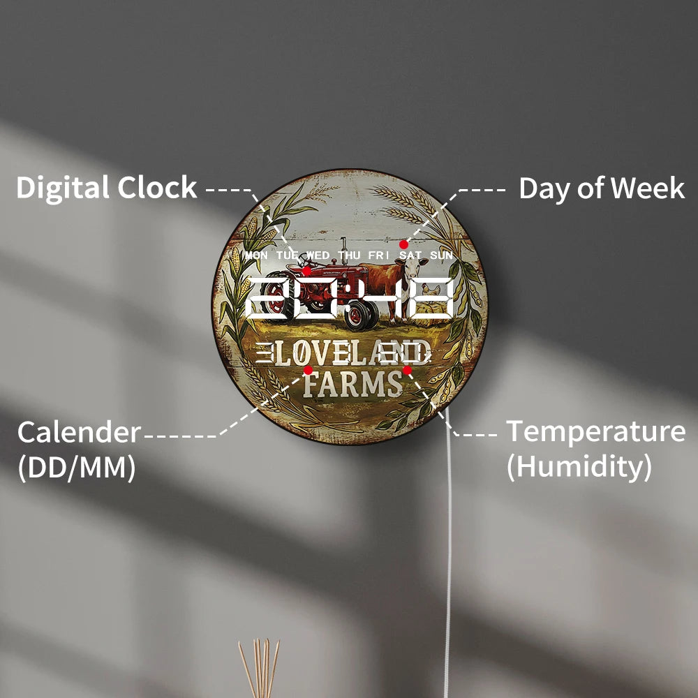 Retro Red Tractor LED Digital Clock Wall Desk Use Loveland Farms Retor Home Farmhouse Decorative 12/24hour Electronic Wall Clock