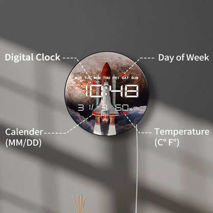Space Shuttle with Red Planet Electronic Wall Clock Large Numeric Display Digital Clock with Humidity Calendar Date Temperature
