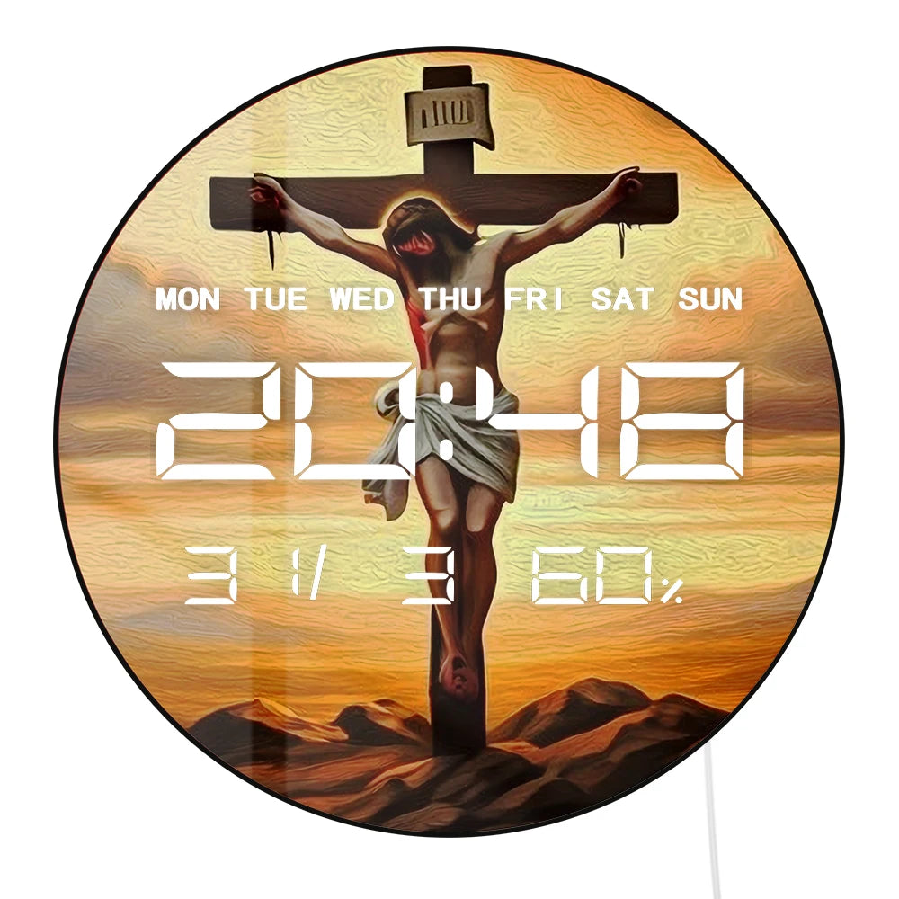 Jesus on Cross in Galgultha 12/24 Hour Electronic Wall Clock Religious Christian Home Decor Auto Dimming LED Digital Clock Timer