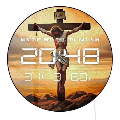Jesus on Cross in Galgultha 12/24 Hour Electronic Wall Clock Religious Christian Home Decor Auto Dimming LED Digital Clock Timer