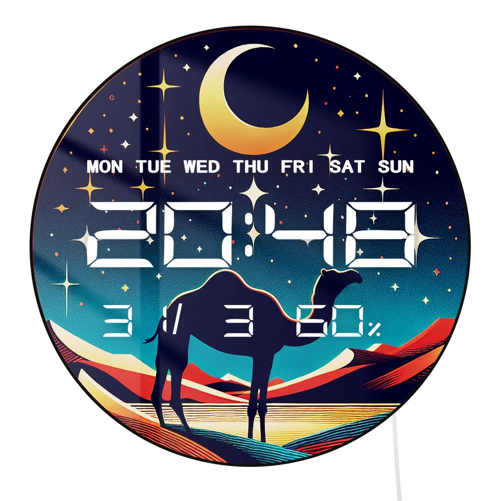 Camel with Crescent Moon LED Digital Wall Clock Gold Accents Desert Home Decor 12/24hr Electronic Wall Clock with Calendar Date