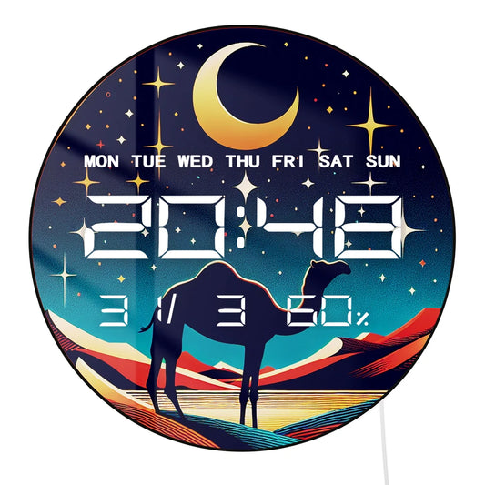 Camel with Crescent Moon LED Digital Wall Clock Gold Accents Desert Home Decor 12/24hr Electronic Wall Clock with Calendar Date