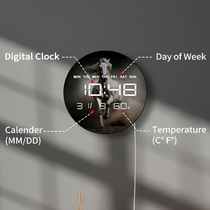 Running Horse Digital Wall Clock with Glowing LED Display Calendar Temperature Freedom Animal Home Decor Electronic Wall Clock