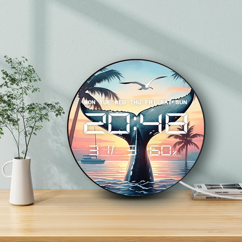 Big Whale Tail LED Digital Wall Clock with Calendar Temperature Auto Dimming Sea Life Home Decor 12/24hour Electronic Wall Clock